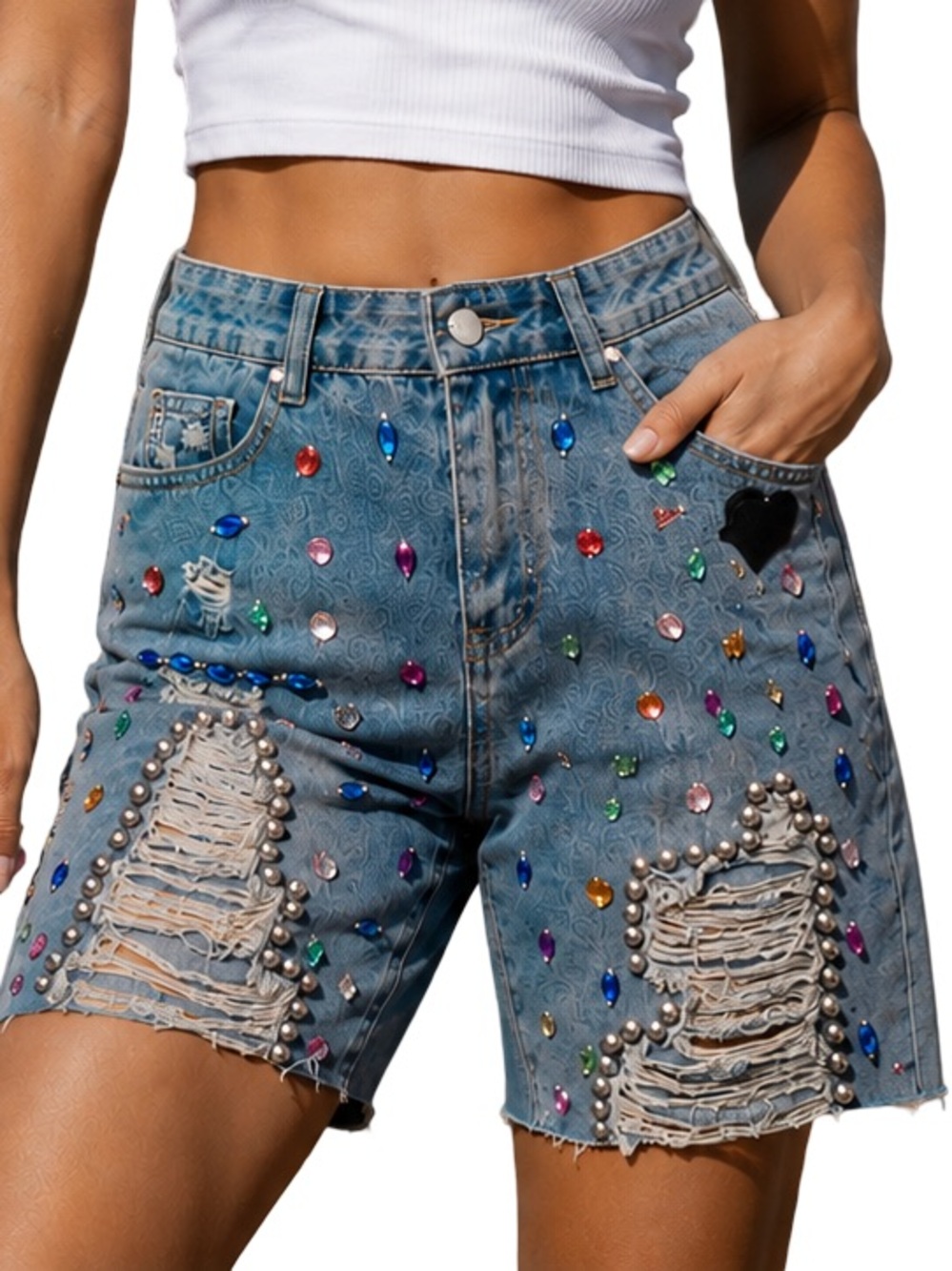 Distressed Denim Bermuda Shorts Rhinestone Studded Festival Streetwear bling L